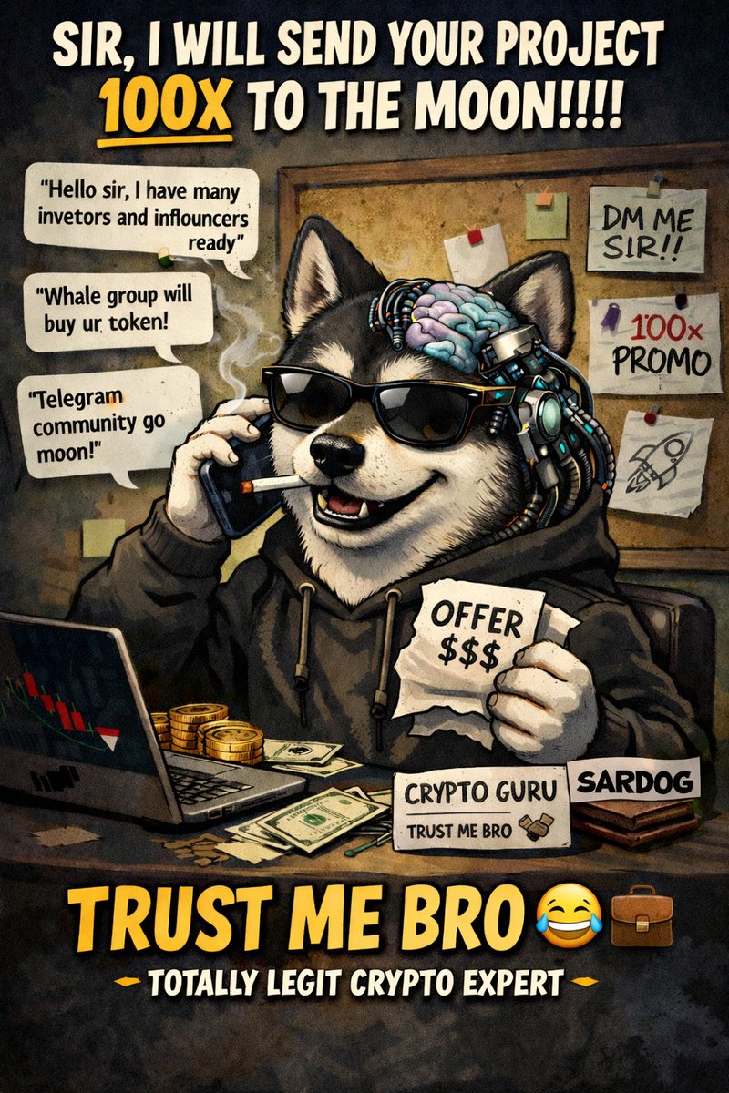SARGODcoin's tweet photo. Every 5 minutes, a DM wizard appears like:
“Sir, I have investors, influencers, whales, dolphins, sharks, and one unstable Telegram community.”
Brother, if it was that powerful, you wouldn’t be hunting devs in DMs like a WiFi salesman in 2014.
#SARDOG #web3 #solana https://t.co/oaMVtAu8DA