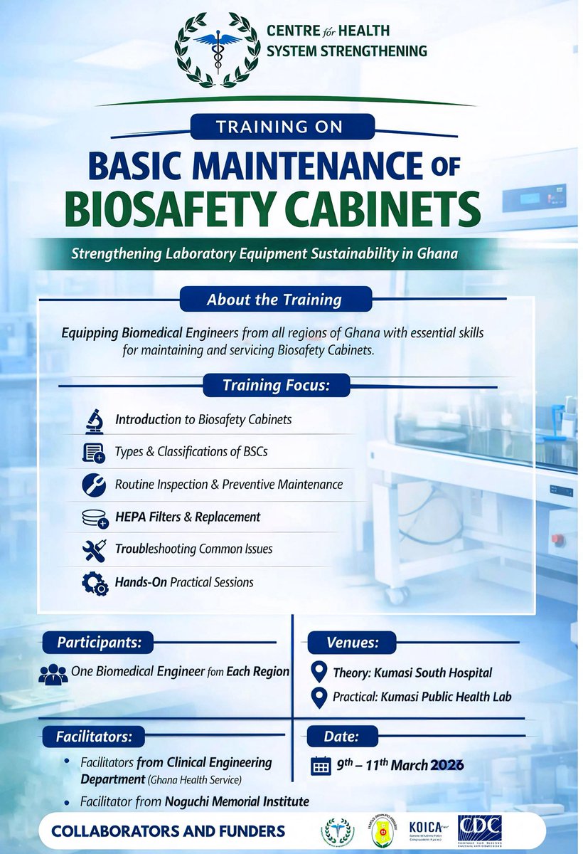 forCfHSS's tweet photo. Our Basic Maintenance of Biosafety Cabinets Training starts tomorrow in Kumasi.

#biosafetytraining #biomedicalengineering #laboratorysafety #HealthSystemsStrengthening #ghanahealth https://t.co/lYphCwyhOd