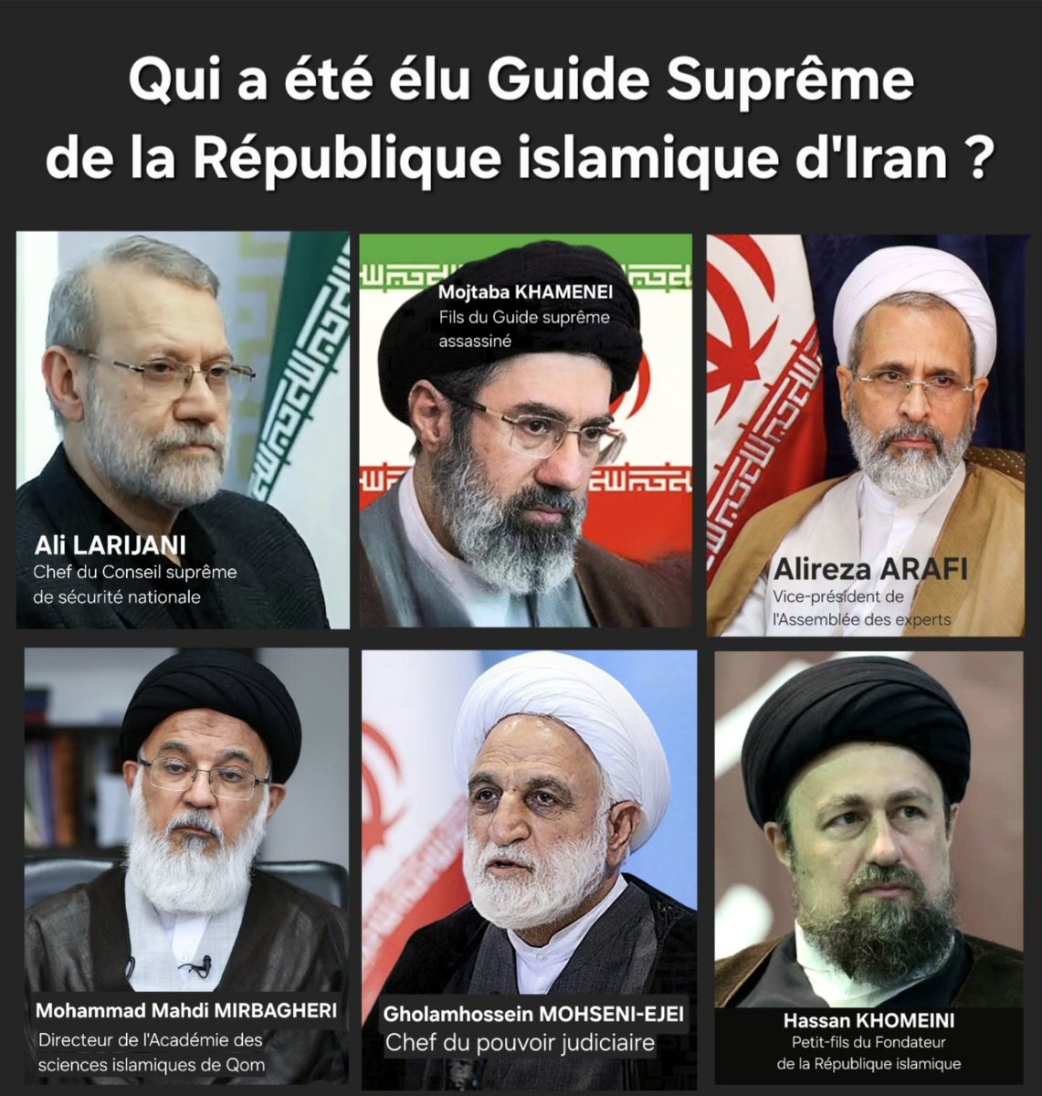 🇮🇷 L'ASSEMBLÉE DES EXPERTS A CHOISI
EN SECRET LE NOUVEAU GUIDE SUPRÊME
Bien que l'Iran soit pilonné 24h/24 par les missiles🇺🇸🇮🇱, la transmission du pouvoir suprême vient de s'effectuer conformément à la Constitution de la République islamique.

C'est l'Assemblée des experts