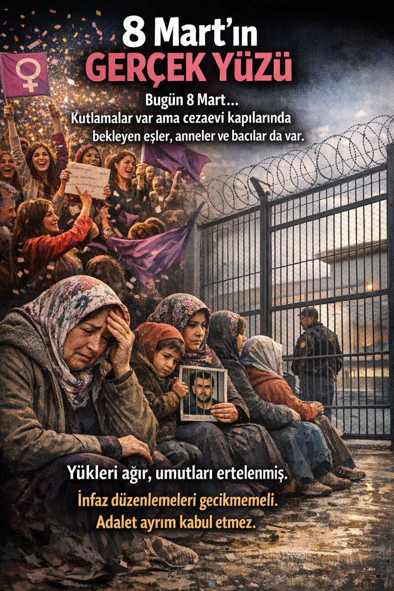 <a href="/abakingurlek/">Akın Gürlek</a> Adalet Gecikmemeli
8 Mart’ta umut ve eşitlik konuşuluyor; fakat adli tutsak yakınlarının bekleyişi sürüyor. Bu yük hafiflemeli. İnfaz düzenlemeleri gecikmemeli. Adalet ayrım kabul etmez. <a href="/abakingurlek/">Akın Gürlek</a> <a href="/adalet_bakanlik/">T.C. Adalet Bakanlığı</a>