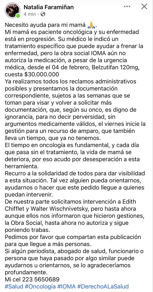 MilagrosFarami_'s tweet photo. NECESITAMOS AYUDA URGENTE🙏
Mi abuela es paciente oncológica. IOMA no autoriza el medicamento que puede frenar su enfermedad.
 
La medicación es Belzutifan 120 mg y cuesta $30.000.000.

Por favor ayudar a difundir! 

📞 223 5650689 / 2234975609

#IOMA #DerechoALaSalud #Salud https://t.co/ptjj5BiwOs