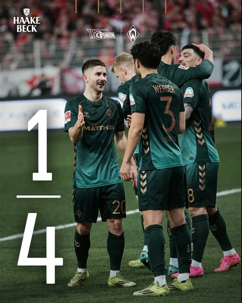 WerderUpdates's tweet image. ⏰ 90.+5 Min

Die nächsten 3️⃣ Punkte! 

Wir gewinnen dank Toren von #Deman, #Stage, #Grüll &amp;amp; #Covic mit 4:1 bei Union Berlin.

Zum Spielbericht 👉 svw.de/sbfcusvw26

⚽ 1:4 #FCUSVW #Werder
