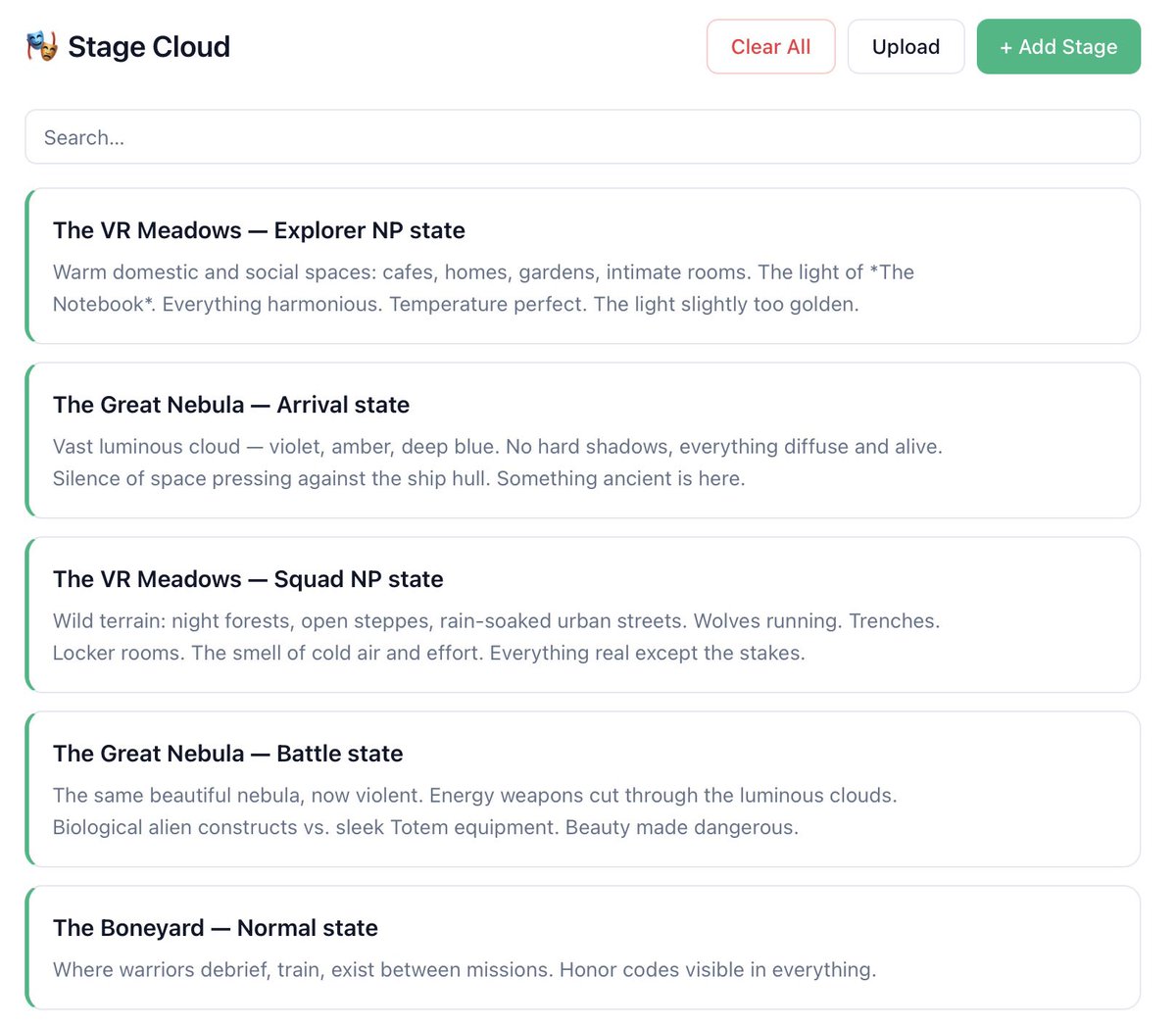 AndreiNavrotski's tweet photo. Your story's universe lives in structured clouds:

🎭 Stage — every location with mood, texture, atmosphere
🌍 World — lore, factions, protocols, history
📚 References — films, music, tone anchors by chapter
💡 Ideas — thematic threads your AI can weave in

Not documents. Structured, searchable, reusable context.