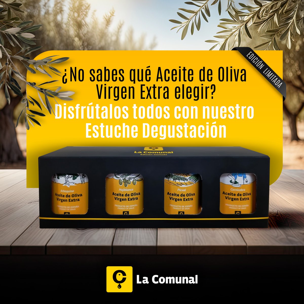 LaComunal_AOVE's tweet photo. ¿Te apasiona el Aceite de Oliva Virgen Extra por la riqueza de matices de las distintas variedades de aceituna 🫒 y no tienes claro cuál es tu preferida?

Con nuestro Estuche Degustación 'edición limitada' podrás disfrutar en cada momento del que mejor se adapte a tus platos.