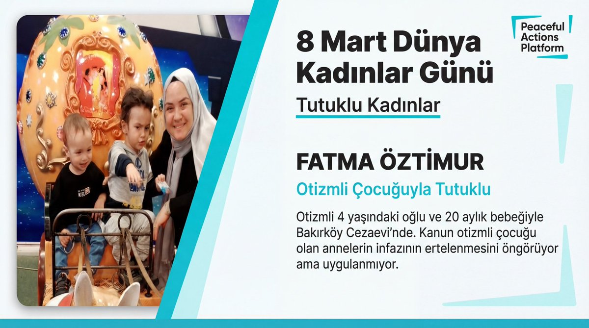 Sumeyraylmz3's tweet photo. 4 yaşındaki otizmli oğlu ve 20 aylık bebeği ile cezaevinde bir anne..
Fatma Öztimur'un lütfen sesi olalım 
@meraldanis

ÇiçekDeğil Adaletİstiyoruz
#8MartDünyaKadınlarGünü https://t.co/2BLl1ZBveI