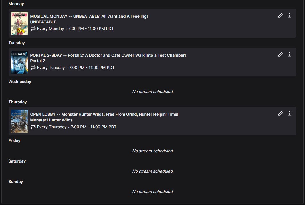 📅03/09 - 03/15 SCHEDULE, AKLYTES!⏰

Another set of bangin' streams this week!

Monday sees us start Episode 4 in #UNBEATABLE!

Tuesday is the premiere of #Portal2 -sdays, where I'm playing co-op with <a href="/RoyceGGaming/">RoyceGGaming</a>!

And Thursday is more #MHWilds, helping out my fellow Hunters~!