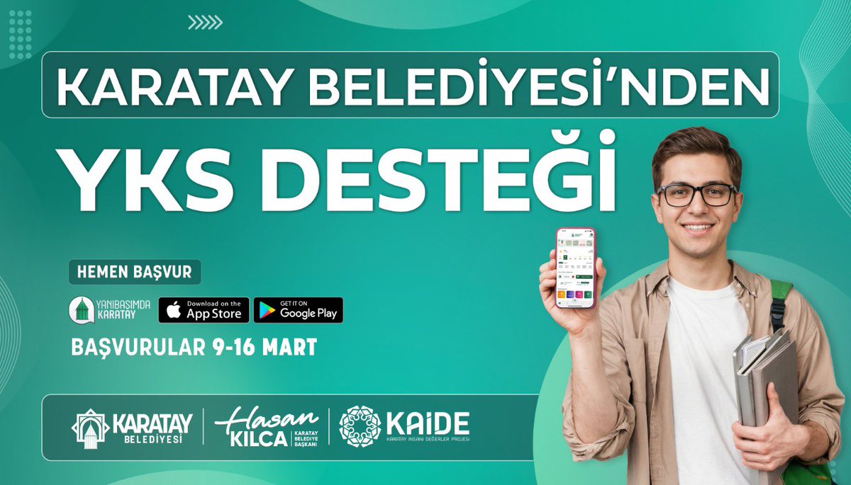 hkilca's tweet photo. Eğitim desteklerimize devam ediyoruz. ✅

Sevgili gençler, YKS’de başvurusunu yaptığınız tüm oturumların sınav kayıt ücretleri kadar bedeli eğitim desteğimiz kapsamında hesaplarınıza ulaştıracağız.

Tek yapmanız gereken yarın sabah 09.00 itibarıyla Yanıbaşımda Karatay mobil uygulamamızın online işlemler bölümünden başvuruda bulunmak.

Sınavlarınızda gönülden başarılar diliyorum. Allah emeklerinizi hayırlı neticelere ulaştırsın. 

Başvuru kapsamı👇🏻