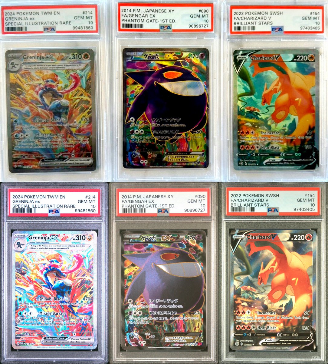 DannypTCG's tweet photo. Fake Pokemon slabs (top row) vs Real Pokemon slabs (bottom row). 

Even with the certification numbers being correct many things are off. 

Most, if not all people who have been around the hobby would be able to spot a fake. 

This is an expensive rookie mistake. Be careful out there.