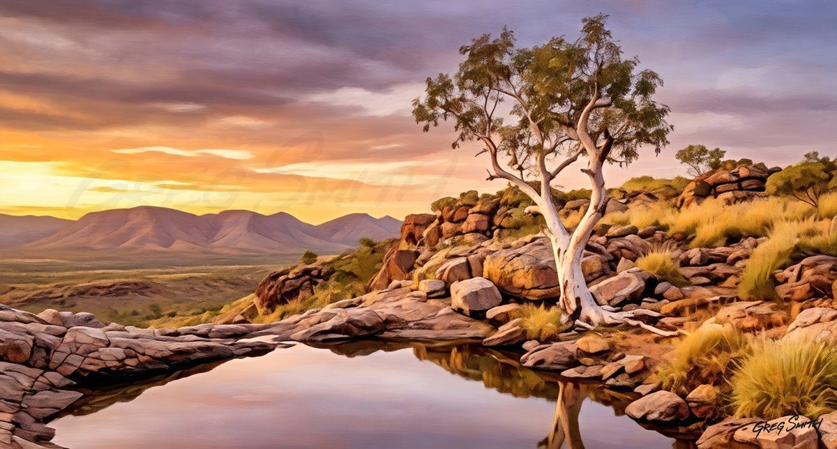 GregVSmith48's tweet photo. I've been asked to do a Ghost Gum painting. Fine art prints are available of "Kimberley Sunrise," a digital painting. https://t.co/qAAFpoq6fp