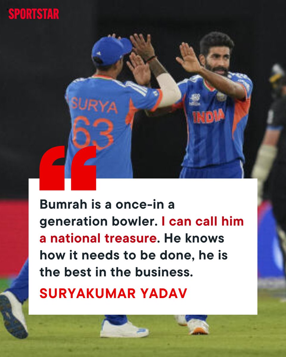 That's some SKY-high praise!

India skipper Suryakumar Yadav couldn't stop complimenting pacer Jasprit Bumrah after the side lifted the T20 World Cup 2026.

Bumrah's spell of 4/15 earned him the Player of the Match award in the final against New Zealand.

📷 PTI