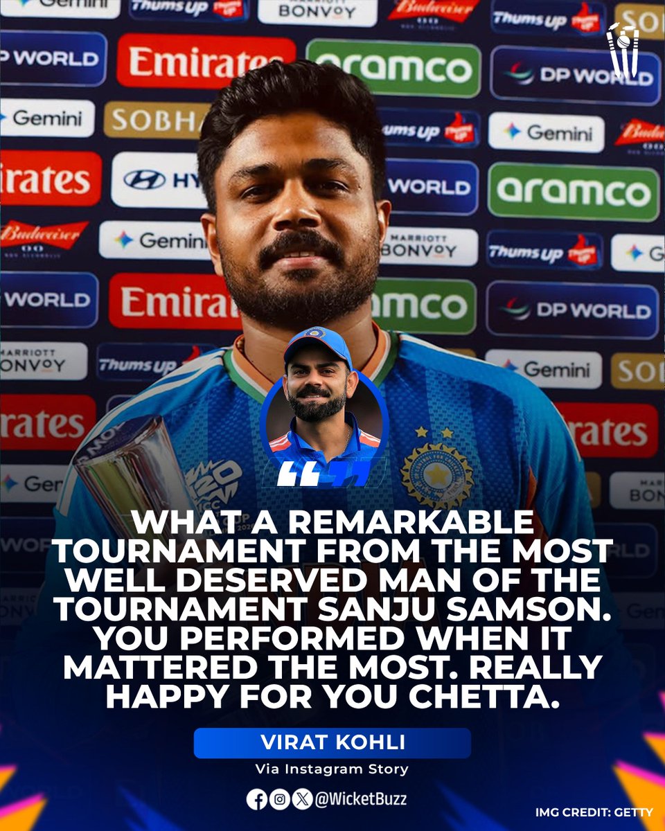 wicketbuzz's tweet photo. KOHLI PRAISES SANJU! ๐๐ช
"The future of Indian cricket is in safe hands," says Virat Kohli as Sanju Samson is named POTT. High praise from the King! ๐ฎ๐ณ๐
๐ธ: Getty
#ViratKohli #SanjuSamson #T20WC #WicketBuzz https://t.co/JQwIEIpMYM