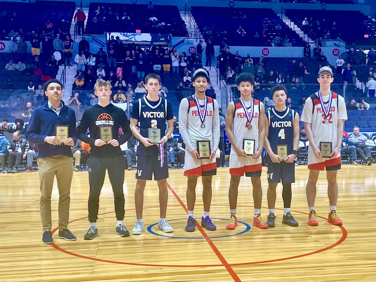 CoachSted34's tweet photo. CLASS AA1 All-Tournament Team selections.
All-Tournament Team:
•Roman Maldonado (Irondequoit)
•Brayden Stedman (Churchville)
•Tim McCauliffe (Victor)
•CJ Johnson (Penfield)
•RJ Johnson (Victor)
•J. McCarthy (Penfield)
MVP - Jackson Green (Penfield)
#SectionVBasketball https://t.co/gAFhjLXNyk