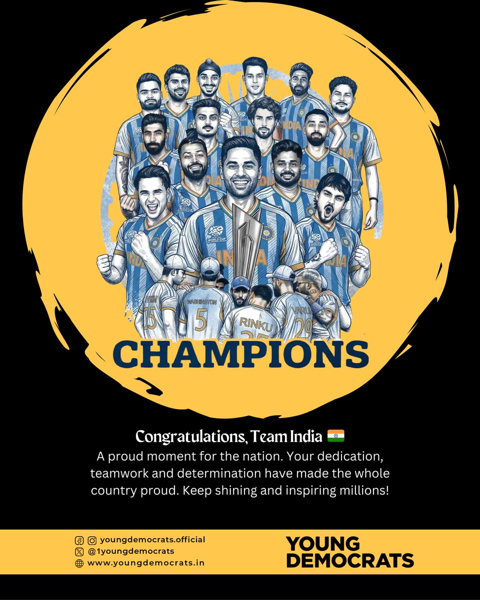 1YoungDemocrats's tweet photo. Congratulations, Team India

A proud moment for the nation. Your dedication, teamwork and determination have made the whole country proud. Keep shining and inspiring millions!

#teamindia🇮🇳 #champions #youngdemocrats #proudmoment #indianyouth https://t.co/GOjZbQE9ba