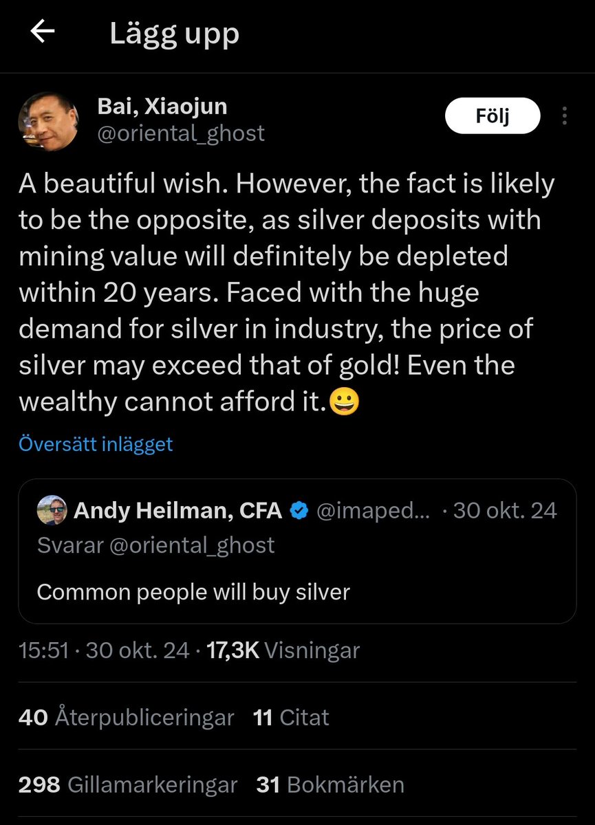 groensak's tweet photo. @Swedish_uranium Instämmer.
kommentaren från Bai (se bild) brukar dyka upp i mitt huvud när det pratas silver, och därav följt att om LOM är underviktat. Att silvergruvor säljer till ett 'kanonpris' idag, men för en struntsumma räknat på framtida pris. Bara en enkel tanke med tidshorisont. https://t.co/rgPw0nuT6N