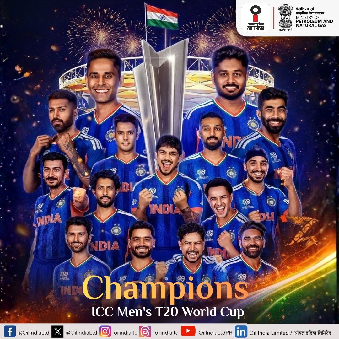 OilIndiaLimited's tweet photo. Congratulations to the India national cricket team on winning the ICC Men’s T20 World Cup 2026! 

A remarkable display of skill, teamwork, and determination has made the nation proud. This victory reflects the spirit and resilience of Indian cricket and inspires millions across the country.

#TeamIndia #T20WorldCup #Champions #IndianCricket #ProudMoment

@BCCI | @ICC