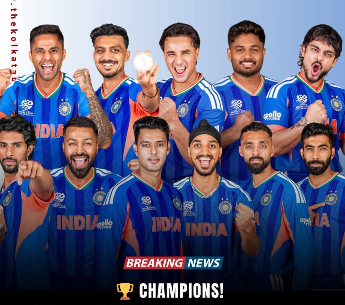 T 20 क्रिकेट विश्वकप 2026 फाइनल मुकाबले में ऐतिहासिक विजय की समस्त भारतीय क्रिकेट टीम को हार्दिक बधाई और शुभकामनाएं। 
समस्त देशवासियों को आपकी इस उपलब्धि पर गर्व है।
#T20WorldCup #T20WorldCup2026