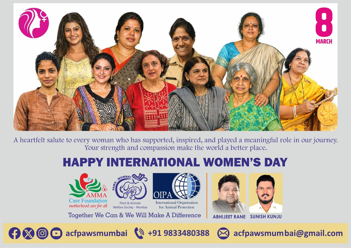 ACFIndiaOrg's tweet photo. 08 March 2026 Sunday 
--
Happy International Women’s Day 
--
Team Sunish &amp; Nisha Subramanian Kunju 
Team OIPA,  ACF &amp; PAWS-Mumbai 
Team Parivartan Pratishthan 
Team NSK Enterprises 
--
#NishaKunju #SunishKunju #OIPA #ACF #PAWSMumbai
--
@sunishskunju @nishaskunju @SunishSKunju https://t.co/N4IUq1uqIC