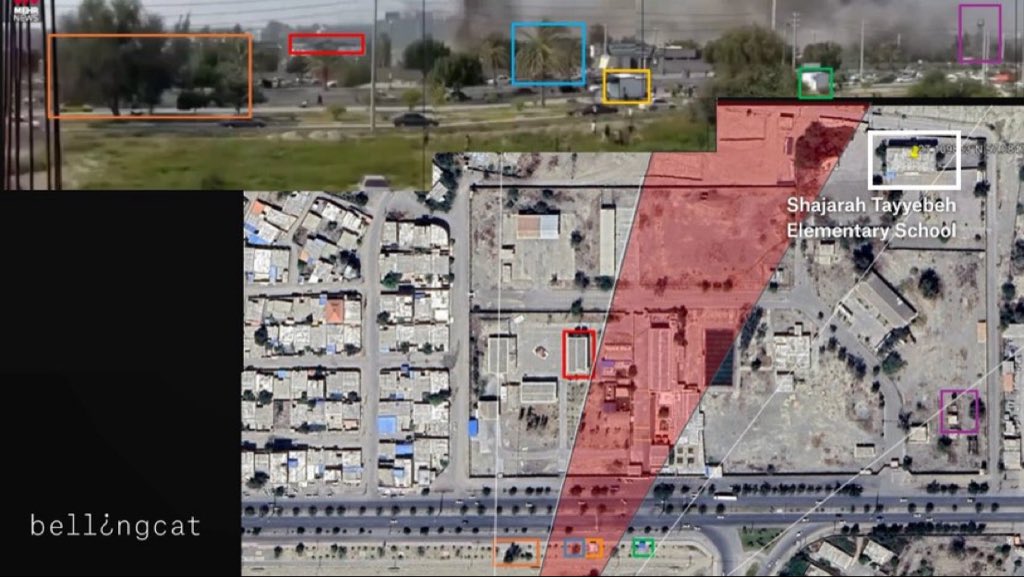 SuppressedNws1's tweet photo. ⚡️🇺🇸BREAKING: Geolocation and evidence contradicts Trump’s claim of Iran striking the school (TRUMP LIED).

New footage shows a U.S. Tomahawk missile striking an IRGC facility in Minab, Iran, on Feb 28, confirming the strike occurred near a girls’ school where 175 people were reportedly killed. 

The video, released by Mehr News and geolocated by Bellingcat, shows smoke already rising from the school area meaning the initial strike directly targeted the school and according to Reuters the school was struck twice within 40 minutes.

The U.S. is the only party in the war known to use Tomahawk missiles.

The strike location also matches a U.S. Department of Defense map placing the school within the strike zone [Green dot on map in image 3].

Credit:@Easybakeovensz