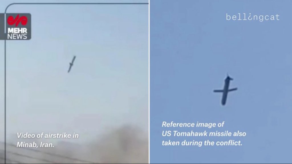 SuppressedNws1's tweet photo. ⚡️🇺🇸BREAKING: Geolocation and evidence contradicts Trump’s claim of Iran striking the school (TRUMP LIED).

New footage shows a U.S. Tomahawk missile striking an IRGC facility in Minab, Iran, on Feb 28, confirming the strike occurred near a girls’ school where 175 people were reportedly killed. 

The video, released by Mehr News and geolocated by Bellingcat, shows smoke already rising from the school area meaning the initial strike directly targeted the school and according to Reuters the school was struck twice within 40 minutes.

The U.S. is the only party in the war known to use Tomahawk missiles.

The strike location also matches a U.S. Department of Defense map placing the school within the strike zone [Green dot on map in image 3].

Credit:@Easybakeovensz