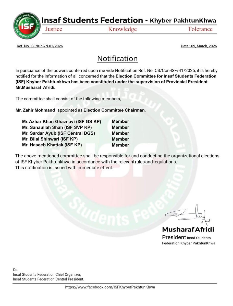 آئی ایس ایف صوبائی الیکشن کمیٹی کا اعلان کردیا گیا!

انصاف سٹوڈنٹس فیڈریشن خیبرپختونخوا کے صوبائی صدر مشرف آفریدی نے صوبائی الیکشن کمیٹی کا نوٹیفکیشن جاری کردیا۔

مقررہ الیکشن کمیٹی صوبائی صدر مشرف کی نگرانی میں پوری صوبے میں انصاف سٹوڈنٹس فیڈریشن کے تنظیم سازی کی عمل کو تمام
