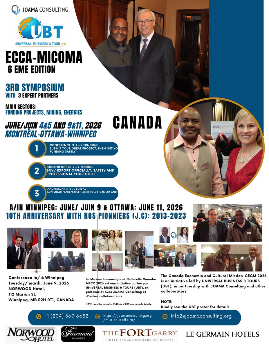 joamaconsulting's tweet photo. (EN FRANÇAIS) 
✍️JOUR J-2 mois &amp; 27 jours 
💎@ECCA-@MICOMA 
(Echanges Comerciaux Canada/Afrique &amp;+), 
6ème édition, @juin 2026/ @CANADA : 
Montréal, Ottawa et/ou Winnipeg 
👉Rencontres internationales annuelles d’affaires 
Lien:
👇
https://t.co/SF3Xp08dpK
🌎 DATE:  
8 mars 2026. https://t.co/xw8Wxkv3cI