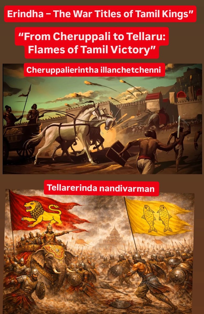Kochadaiyan22's tweet photo. Erindha – The War Titles of Tamil Kings” 💥🔥⚔️

From the Battle of Cheruppali to the Battle of Tellaru: Flames of Tamil Victory”💥

From Chola king Illanchetchenni to Pallava king Nandivarman lll🔥 

#Pallava #Nandivarman #Chola #illanchetchenni
#Tellarerinda  #Cherupalierintha https://t.co/TZDk2tddju