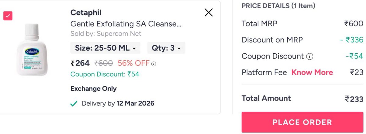dealsvelocity's tweet image. 🚨 Myntra Loot 🚨

Cetaphil Gentle Exfoliating SA Cleanser 29ml
3 Qty @₹233 🔥

☑️Add 3 Qty &amp;amp; Apply Code : TEAMINDIA

Link : myntr.store/s/l1oqgon

Masterlink : myntr.store/s/jasei1o

Follow @dealsvelocity for Real-Time Deal Drops. ⚡

#myntra #myntradeals #lootdeal