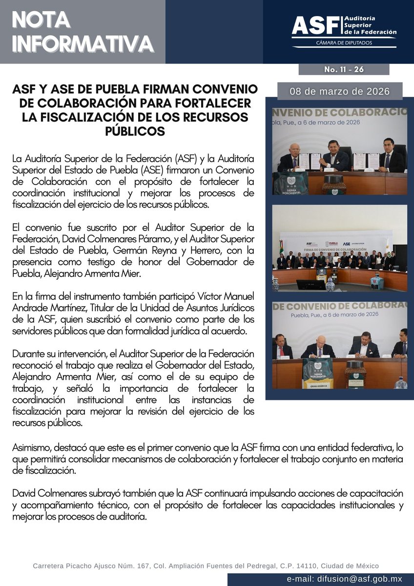ASF_Mexico's tweet image. ✒️ #Boletín | #ASF y ASE de Puebla firman convenio de colaboración para fortalecer la fiscalización de los recursos públicos.

#BoletínASF @AsePuebla