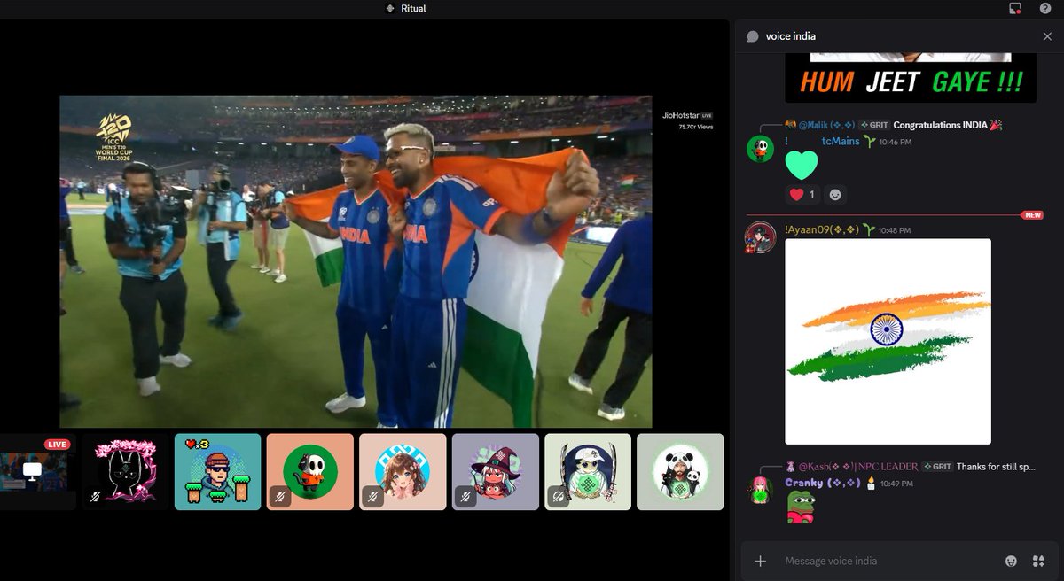 What an epic day to be alive! 🇮🇳🏆

India just crushed it and lifted the T20 World Cup 2026 trophy – back-to-back champs, first time at home ! 
Watched every heart-pounding moment with my homies in the Ritual discord community, vibes were unreal 🔥

Now soaking in this Mumbai