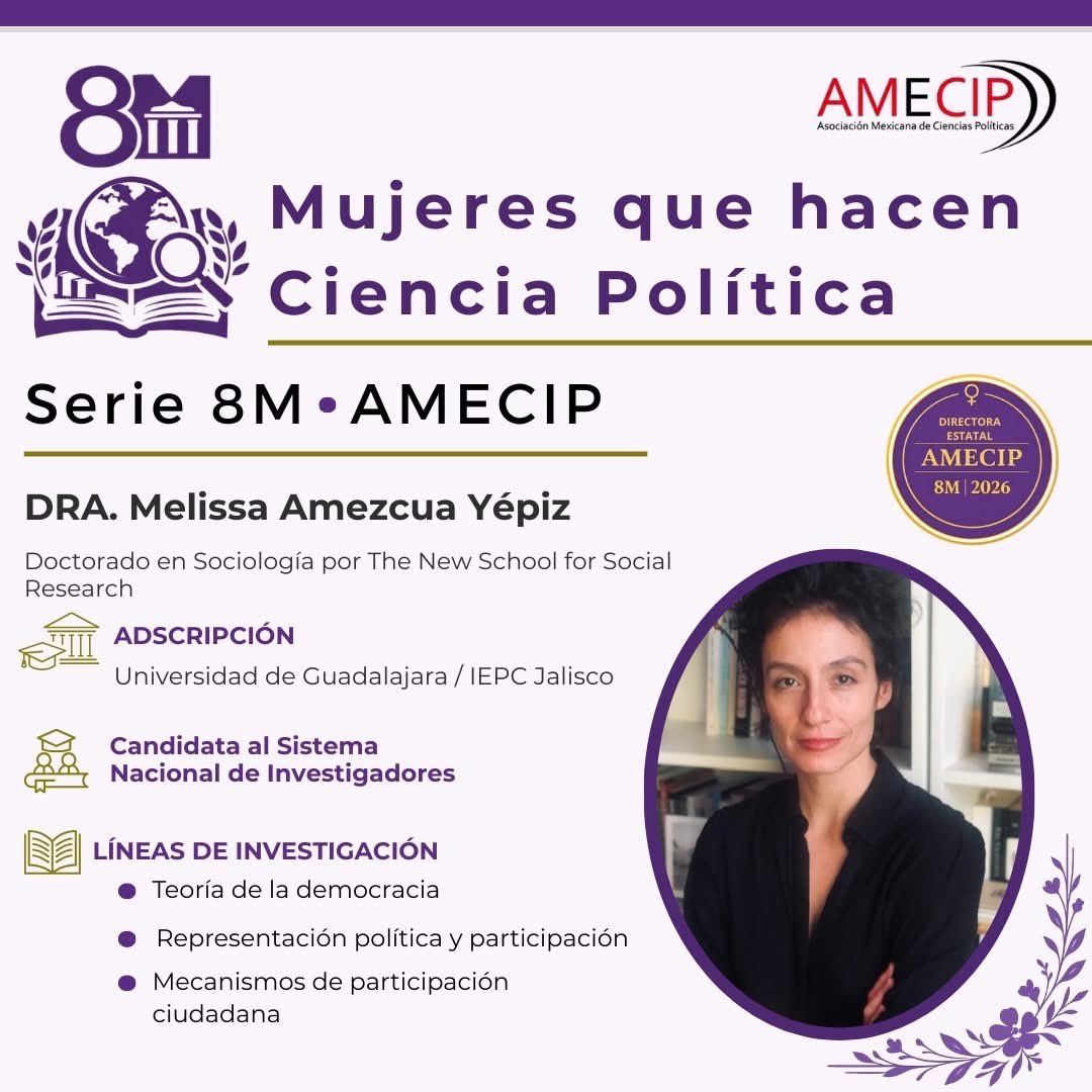 AmecipOficial's tweet photo. Las mujeres también están detrás de muchas de las ideas, investigaciones y debates que dan forma a la ciencia política.

En el marco del #8M, AMECIP presenta la serie #MujeresQueHacenCienciaPolítica, una iniciativa que destaca el trabajo académico, las trayectorias y las líneas de investigación de politólogas que forman parte de nuestra comunidad. 👩‍🏫📚

Su labor en la investigación y la educación contribuye a la formación de nuevas generaciones y al desarrollo del conocimiento en nuestra disciplina. ✨
¡Conoce a las investigadoras que integran esta serie!

#8M2026 #AMECIP #CienciaPolítica #MujeresEnLaCiencia #MujeresQueHacenCienciaPolítica