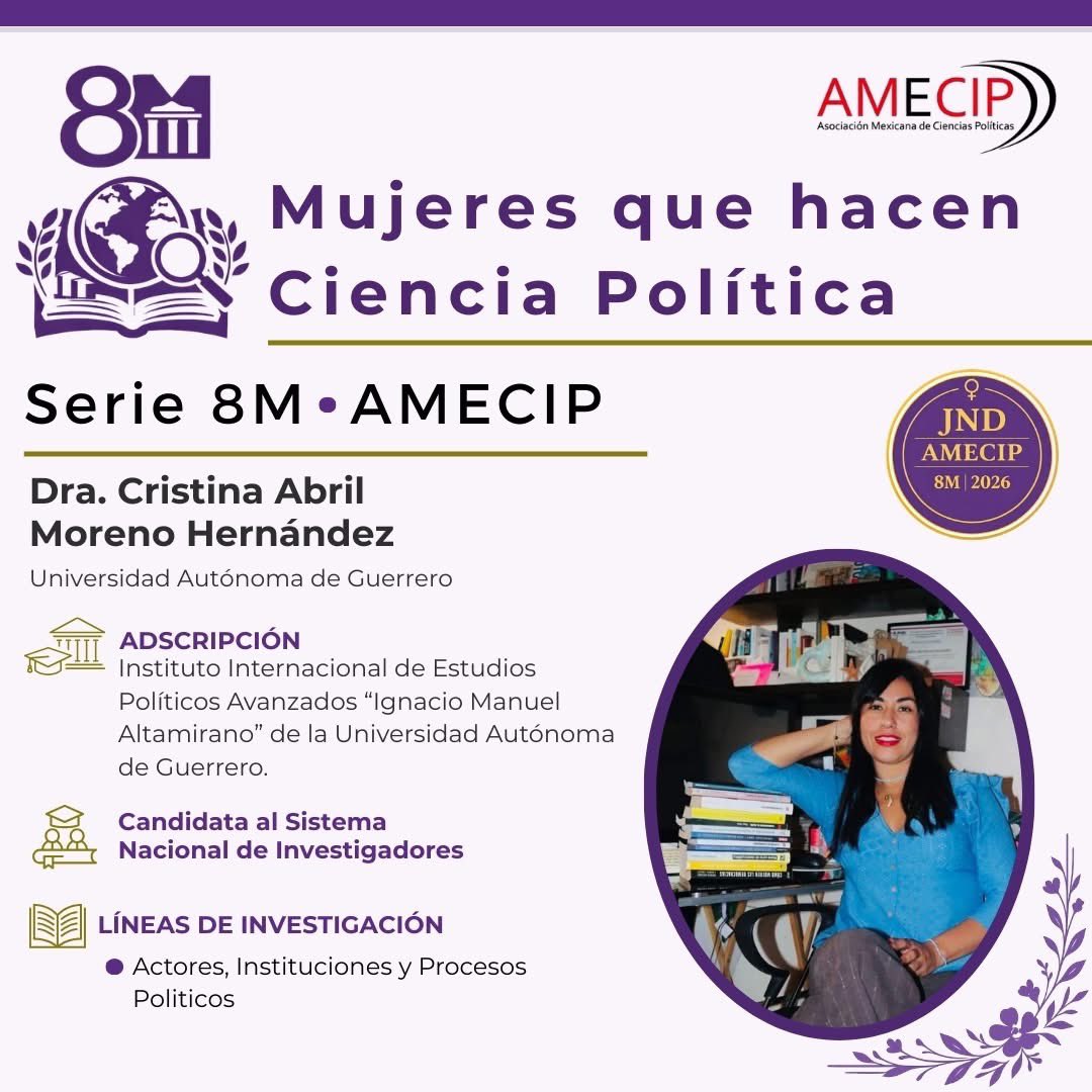 AmecipOficial's tweet photo. Las mujeres también están detrás de muchas de las ideas, investigaciones y debates que dan forma a la ciencia política.

En el marco del #8M, AMECIP presenta la serie #MujeresQueHacenCienciaPolítica, una iniciativa que destaca el trabajo académico, las trayectorias y las líneas de investigación de politólogas que forman parte de nuestra comunidad. 👩‍🏫📚

Su labor en la investigación y la educación contribuye a la formación de nuevas generaciones y al desarrollo del conocimiento en nuestra disciplina. ✨
¡Conoce a las investigadoras que integran esta serie!

#8M2026 #AMECIP #CienciaPolítica #MujeresEnLaCiencia #MujeresQueHacenCienciaPolítica