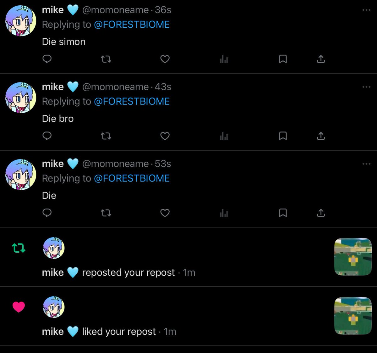 FORESTBIOME's tweet photo. MIKE ILLUSIONPARADISE CALLOUT

HE IS A DEATH THREATER. HE DEATH THREATS MIIIIIIINOOORSSSSSSSS. I HAVE PROOF. LOOK. LOOK. 

@momoneame TRY AND DISPROVE THIS. LIB. https://t.co/cQR7MKF75I