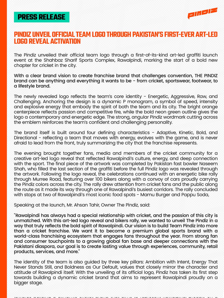 The Pindiz have officially unveiled their team logo through Pakistan’s first-ever art-led logo reveal activation in Rawalpindi.

A bold first step in building a franchise brand that blends cricket, culture and lifestyle. Full press release below.

#JakutMarch #PindiBoyz