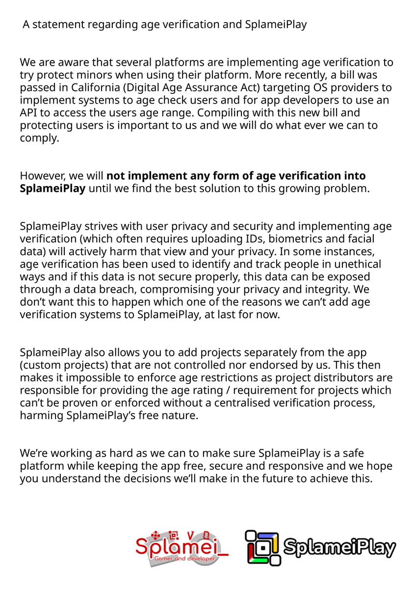 SplameiPlay's tweet photo. A statement regarding age verification and SplameiPlay https://t.co/8QbY7jBSFt