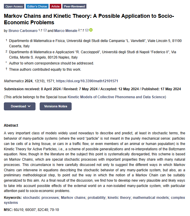 MathematicsMDPI's tweet photo. π #ParticularInterest #EditorChoice Paper
π Title: #Markov_Chains and #Kinetic_Theory: A Possible Application to Socio-Economic Problems
π₯ by Bruno Carbonaro and Marco Menale
π Read it here for FREE : https://t.co/8My6V5hBNB
@MDPIOpenAccess @ComSciMath_Mdpi https://t.co/CvuGtKXSbT