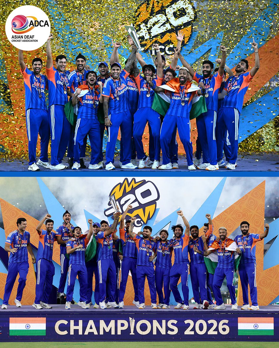Official_ADCA's tweet photo. ADCA proudly congratulates Team India on their historic victory in the T20 World Cup 2026. This incredible achievement is a result of hard work, dedication, and outstanding teamwork shown by every player. Your performance has filled the hearts of millions of Indians with pride and joy. You have inspired young cricketers across the nation to dream big and believe in themselves.

Once again, congratulations to Team India for bringing the T20 World Cup trophy home and making the entire country proud. 🇮🇳🏆🔥