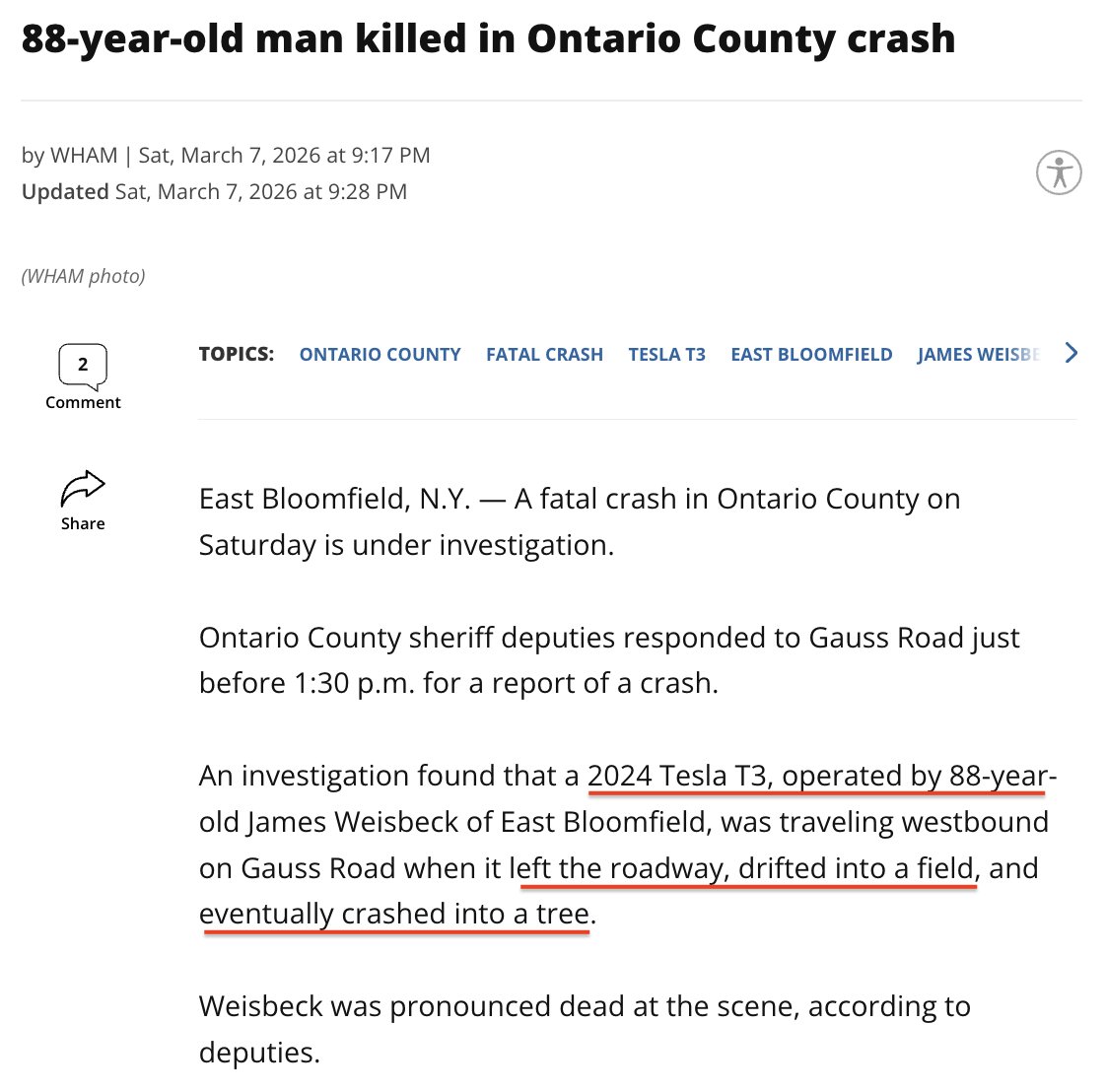 $TSLA killed 88 yo man

💀 Tesla suddenly veered off road and crashed into tree

Tesla fanbois love to push defective tech on their aging parents

🤡 "Tesla will drive you around"
🤡 "Safest car in world"