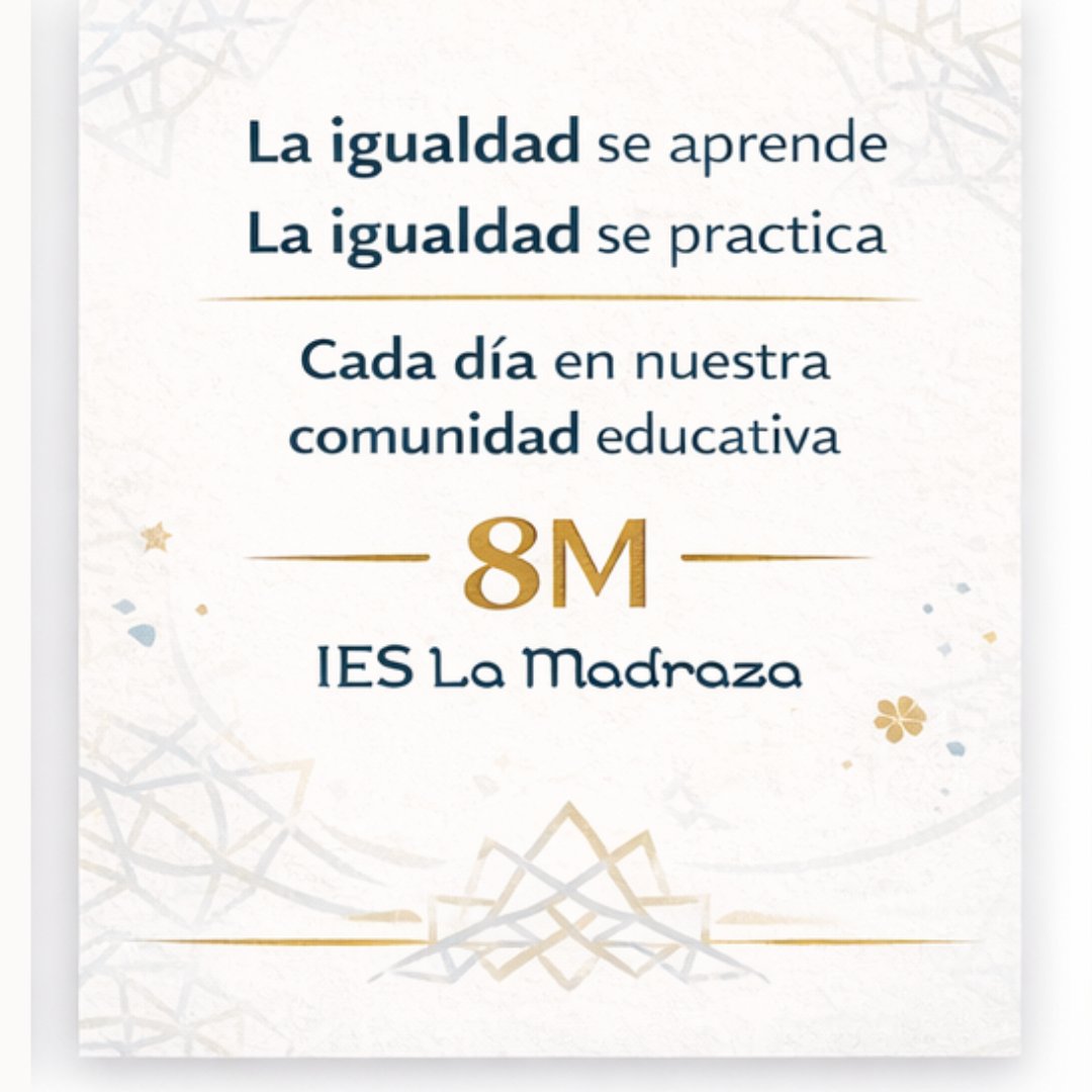 MadrazaLa's tweet photo. La igualdad en derechos y oportunidades no debería depender del género.
Desde el #IESLaMadraza nos sumamos al #8M recordando que la igualdad se construye cada día: en las aulas, en el respeto, en la participación y en las oportunidades que ofrecemos.
#DíaInternacionalDeLasMujeres https://t.co/KHNyIOiLy2