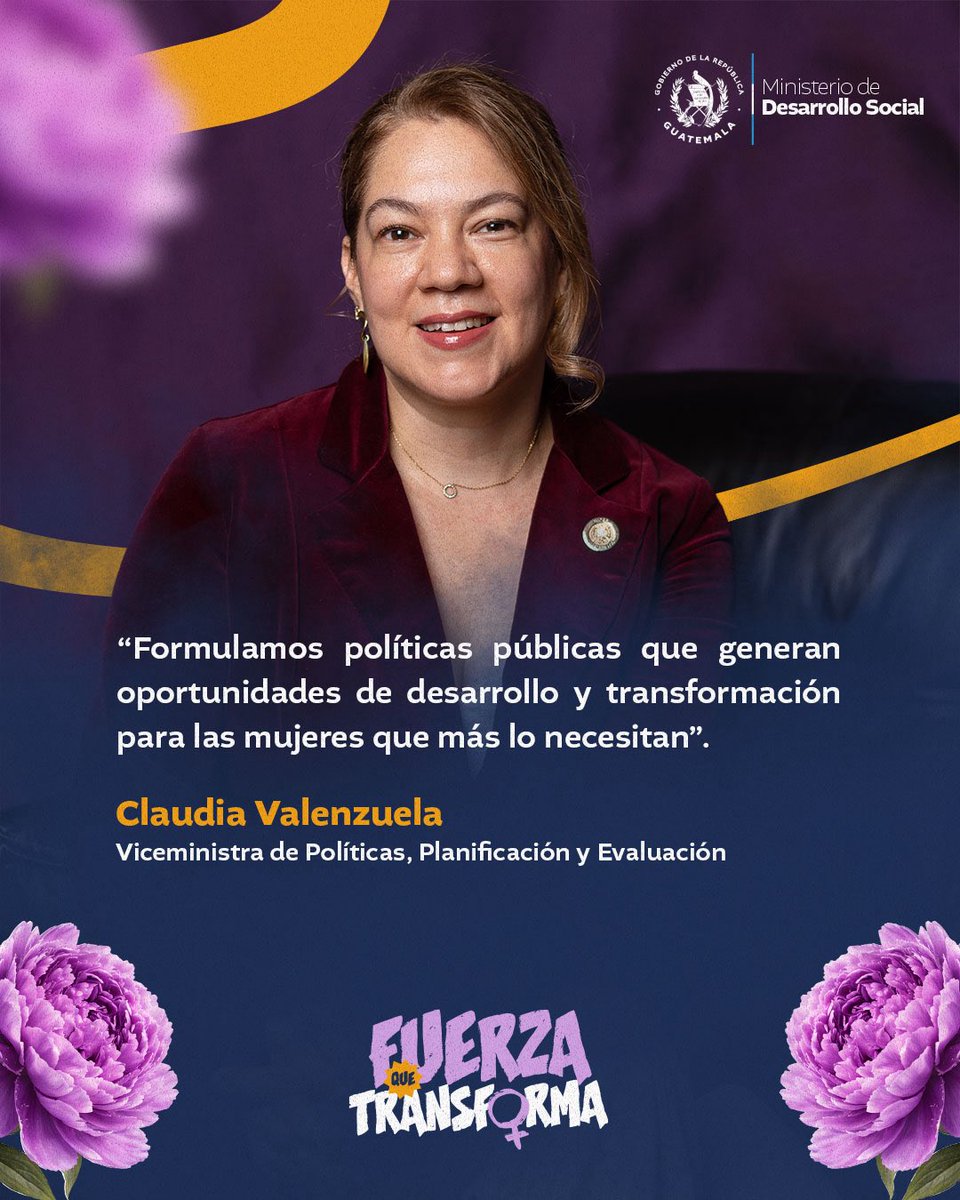 Midesgt's tweet photo. Las políticas públicas con enfoque social permiten abrir más oportunidades para las mujeres. 💪🏽👩🏽
En el #DíaDeLaMujer, la viceministra Claudia Valenzuela reflexiona sobre la importancia de impulsar políticas que promuevan el desarrollo y la igualdad. 💜
#FuerzaQueTransforma #8M https://t.co/JNA9pj8u7s