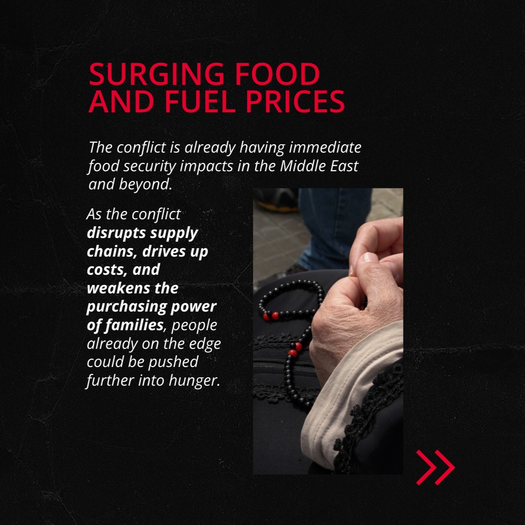 WFP's tweet photo. Rising food and fuel prices linked to the escalation of the conflict in the Middle East risk deepening hunger in the region and beyond.

We need to keep vital humanitarian supplies moving at a critical time.

WFP’s analysis on the impact on food security and humanitarian aid. ⤵️