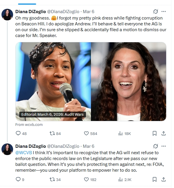 lamps_apple's tweet photo. The biggest news station in Massachusetts... WCVB, Channel 5... the one most people in the state watch... just published a hit piece against their own State Auditor, Diana DiZoglio. A Democrat, by the way. And what's her crime? Doing exactly what 72 percent of voters told her to do. Think of that. Nearly three out of four people passed Question 1 in 2024 giving her the authority to audit the Legislature. Open the books. But little did the people know, Beacon Hill had other plans. Wanting transparency makes you a target in Democrat-led supermajority Massachusetts.

But WCVB doesn't go after Governor Maura Healey for staying silent. They don't go after AG Andrea Campbell for slow-walking the defense of a law she claims she voted for. They don't call out the House Speaker or Senate President for stonewalling the will of the voters. No, no, no. They go after DiZoglio... the one person actually fighting for transparency... and they call her a bomb-thrower. They call her accusations "extraordinary." They say she's creating "political enemies." Meanwhile the Legislature is hiding everything from the taxpayers and nobody at Channel 5 has a problem with that. Not a word.

The AG won't enforce public records on the Legislature now, and she won't do it after the next ballot question either. DiZoglio knows it. The voters know it. The only ones pretending otherwise are the insiders and the media outlets that protect them.

If you're wondering why nothing ever changes in Massachusetts, this is why.