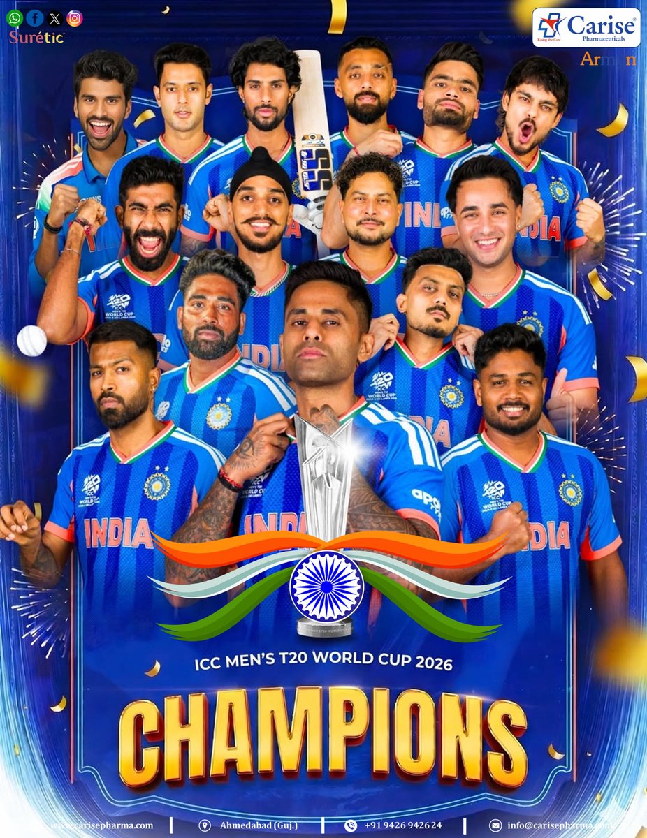 CarisePharma's tweet photo. Congratulations Team #India 🇮🇳🏆

#Champion of the #ICC T20 World Cup 2026 🎉

History Repeats… History Defeats! 🔥

Proud moment for every Indian !!

#Carise #Suretic #CarisePharma #ICCT20WorldCupfinal #NarendraModiStadium 
#Champion #IndiaVsNewZealand https://t.co/EWqWvVbg16