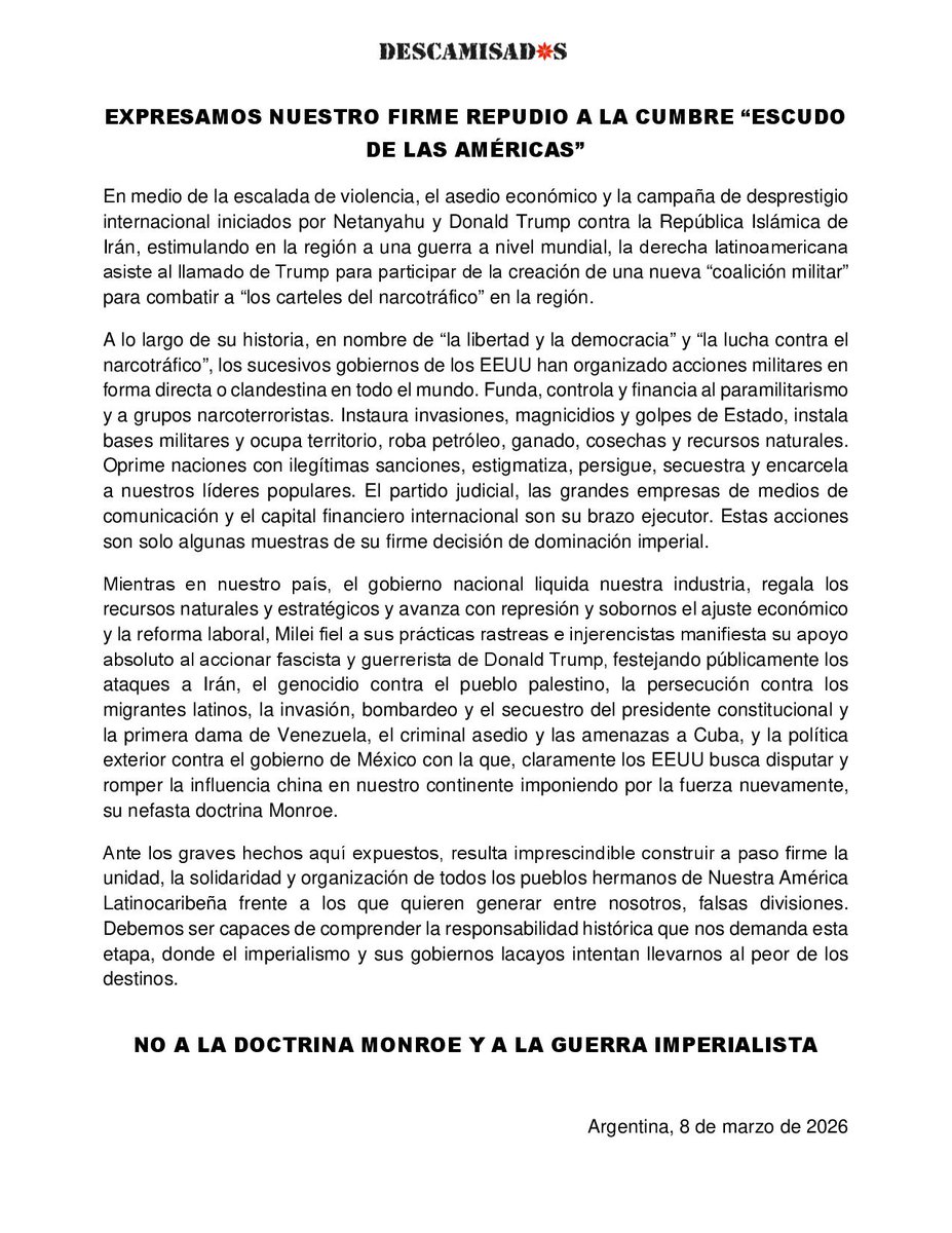 Desde Argentina expresamos nuestro firme repudio a la Cumbre "Escudo de las Américas"

NO A LA DOCTRINA MONROE Y LA GUERRA IMPERIALISTA
 
Descamisados