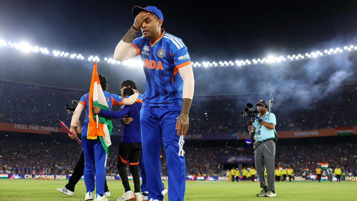 PrafulDangeMP's tweet photo. Pure magic and priceless emotions! 🇮🇳 A journey of grit, passion, and glory ends with India lifting their 3rd #T20WorldCup title. This moment belongs to every Indian! 🏆✨ @ICC @BCCI @surya_14kumar #India #TeamIndia #T20WorldCup #Champions #BleedBlue #IndiaCricket #WorldCup2026 https://t.co/ECzvmFdVyn