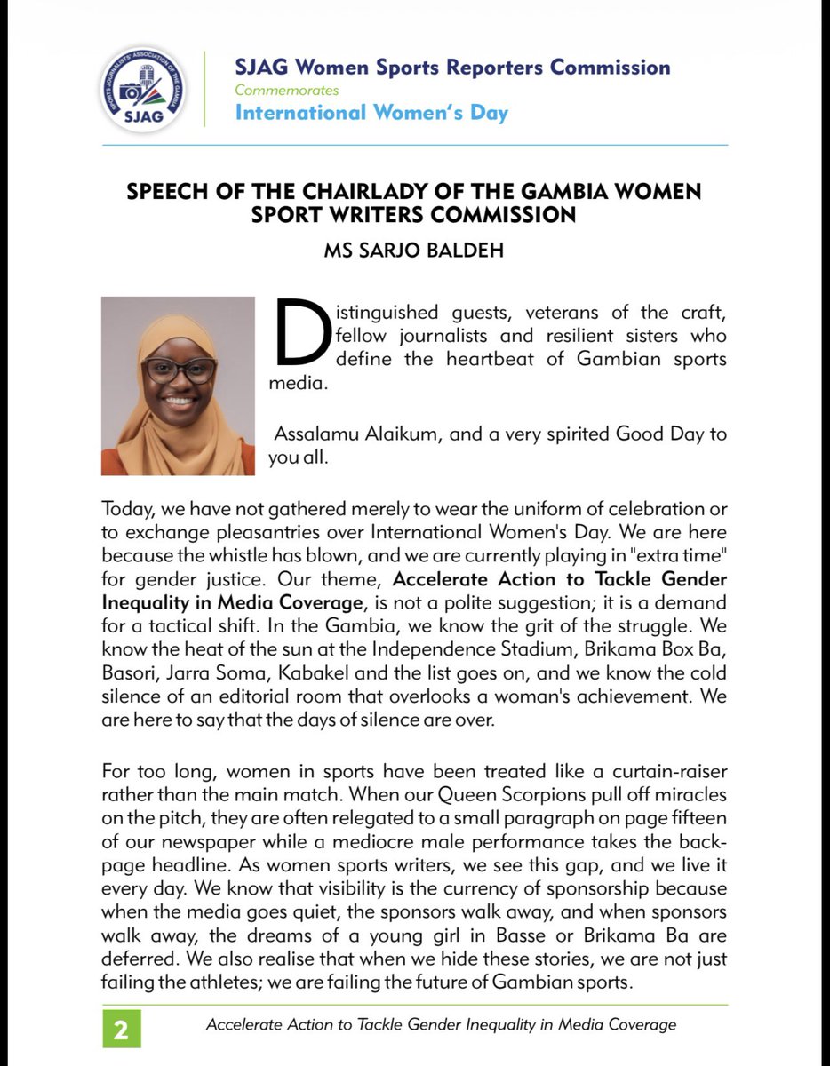 SarjoBaldeh14's tweet photo. Happy International Women’s Day.
As Chairwoman of the Gambia Women Sports Reporters Commission, I celebrate every woman who uses her voice, passion, and courage to shape sports media.
Your work creates space for more women to be seen, heard, and respected in sport.
#baldezz https://t.co/6MQYgkR4pk