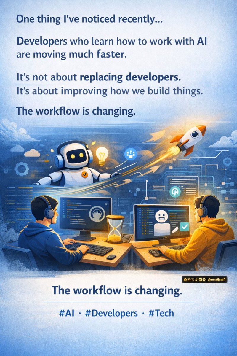 mraljawfi's tweet photo. One thing I’ve noticed recently…  Developers who learn how to work with AI are moving much faster.  It’s not about replacing developers. It’s about improving how we build things.  The workflow is changing. 
 #AI #Developers #Tech https://t.co/QO41pINq2q