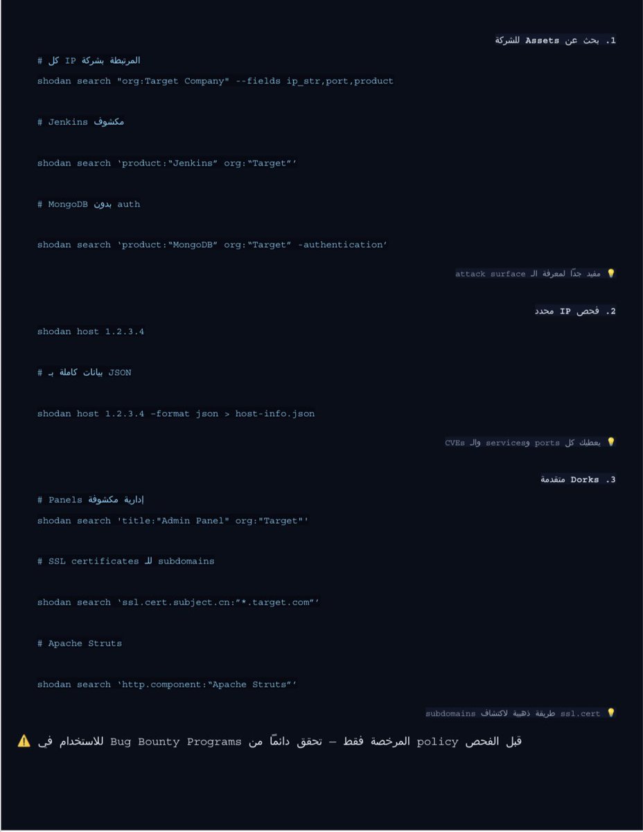 لكل مهتم بمجال الـ Bug Bounty 🐛🔍

أعددت لكم مرجعاً شاملاً (Bug Bounty Tools Advanced Reference) يضم أمثلة عملية متقدمة لإستخدام أهم أدوات الفحص وإكتشاف الثغرات وتجاوز الحماية .

يتضمن الملف أمثلة متقدمة لأدوات مثل:
🛠️ ffuf, sqlmap, ghauri
🛠️ dalfox, gau, amass
🛠️ Shodan CLI &amp;