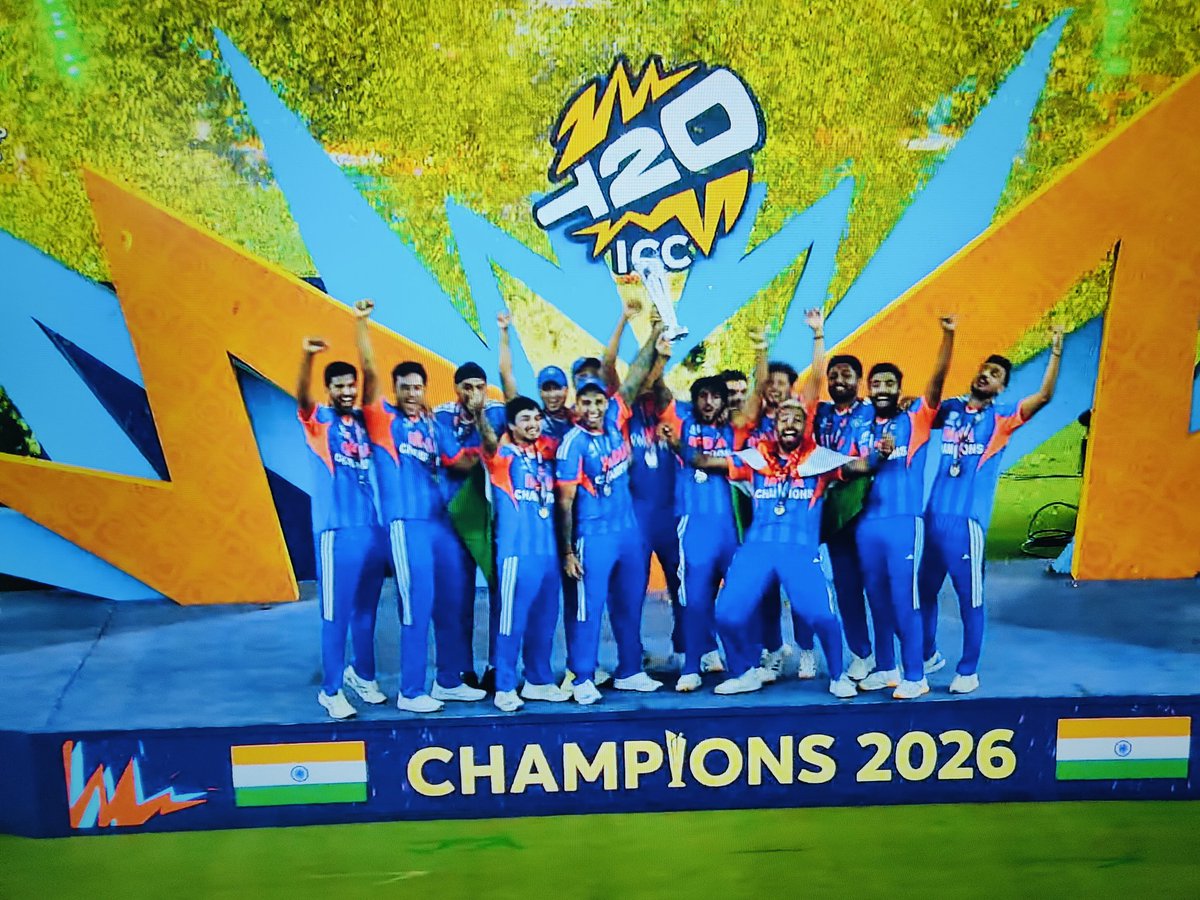 arjun_vishw's tweet photo. ऐतिहासिक!

टी20 विश्व कप पर फिर भारत का राज, तीसरी बार सजा विजेता का ताज।

न्यूज़ीलैंड को पराजित कर ICC Men's T20 विश्व कप 2026 की ट्रॉफी अपने नाम करने पर टीम इंडिया को हार्दिक बधाई। 
भारतीय टीम की यह शानदार उपलब्धि समूचे राष्ट्र के लिए गर्व का क्षण है
#T20Worldcup2026final https://t.co/0I6AJJE3jY