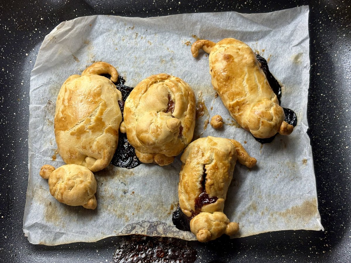 i made cat shaped brioche stuffed with jam, but after i put them in the oven they looked like they had been murdered. I can’t eat this 😭
