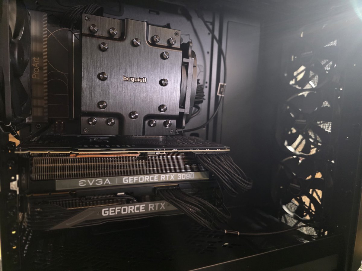 DoodT46's tweet photo. Thanks to @TheAhmadOsman buy a gpu movement, I to got myself a decent starter setup 
Specs:
2x 3090er (evga and gainward phoenix)
Ram: 96gb  ddr5 corsair Vengeance 
Ryzen 9 9950x
ASUS ProArt X870E-CREATOR WIFI
be quite 1600 w
Fractal meshify 2xl
Ssd 2tb
Ssd 4tb
6 noctuas inside https://t.co/tBD9w2M0Hl